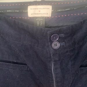 Dark academia Anthropologie navy corduroy capri trouser hits at ankle
